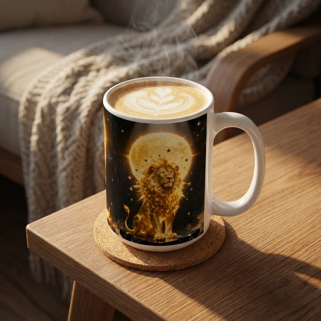 Golden Leo Mug — Celestial Lion 15oz Coffee Cup
