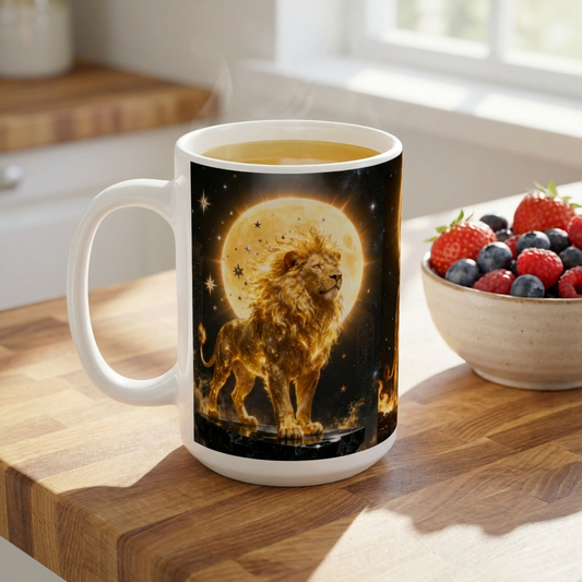 Golden Leo Mug — Celestial Lion 15oz Coffee Cup