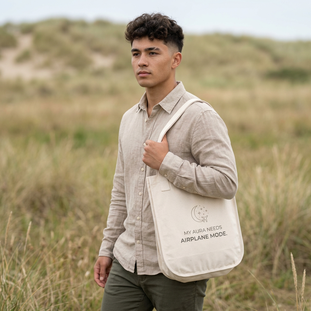 Organic Canvas Tote — “My Aura Needs Airplane Mode” Natural Eco Shopper