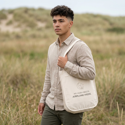 Organic Canvas Tote — “My Aura Needs Airplane Mode” Natural Eco Shopper