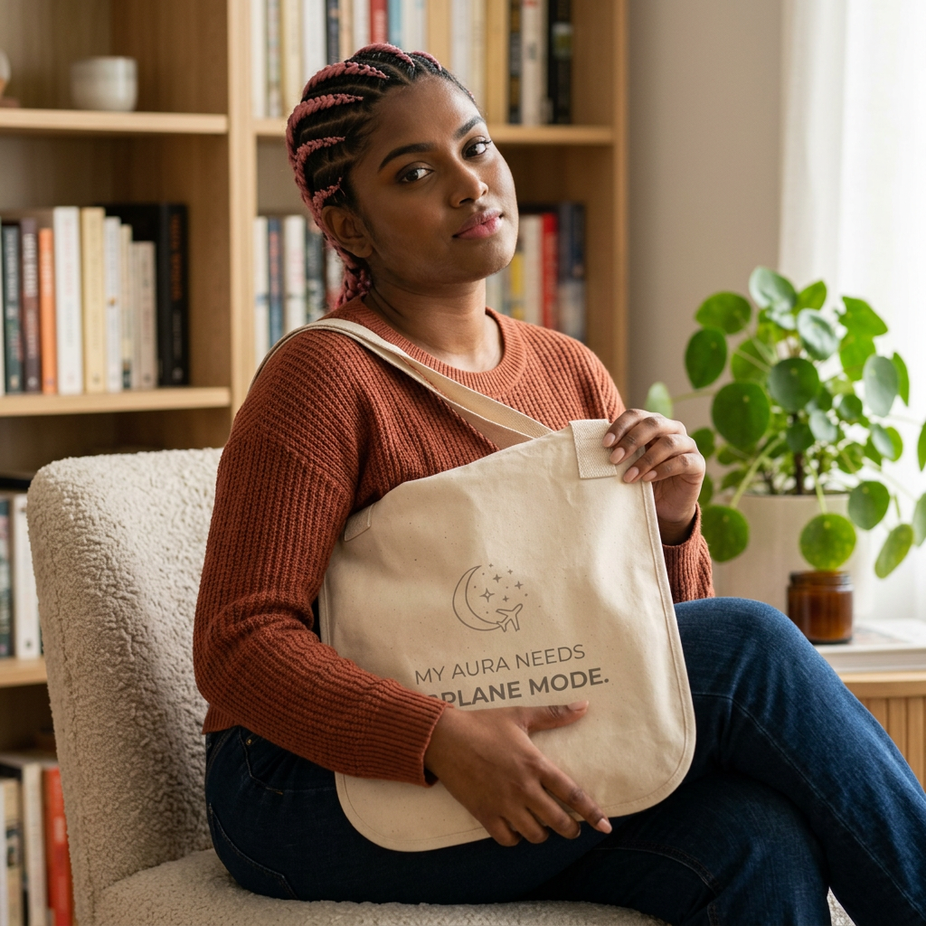 Organic Canvas Tote — “My Aura Needs Airplane Mode” Natural Eco Shopper