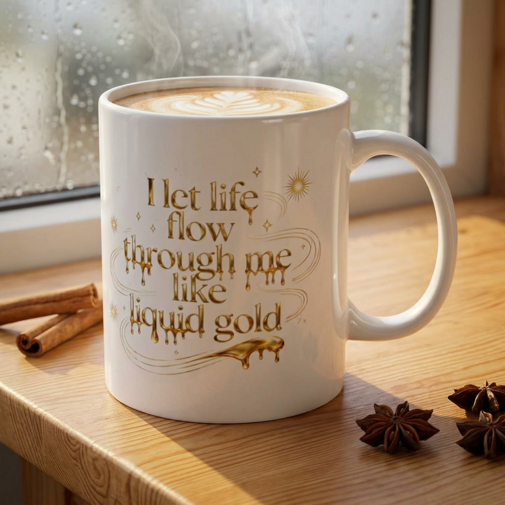 Gold Script Ceramic Mug – "I let life flow through me like Liquid Gold" - Soft Lift Society