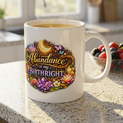 'Abundance is my Birthright' Moon Crystals Floral Ceramic Mug (11oz, 15oz)