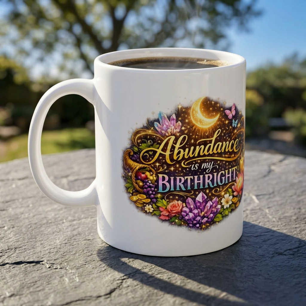 'Abundance is my Birthright' Moon Crystals Floral Ceramic Mug (11oz, 15oz)