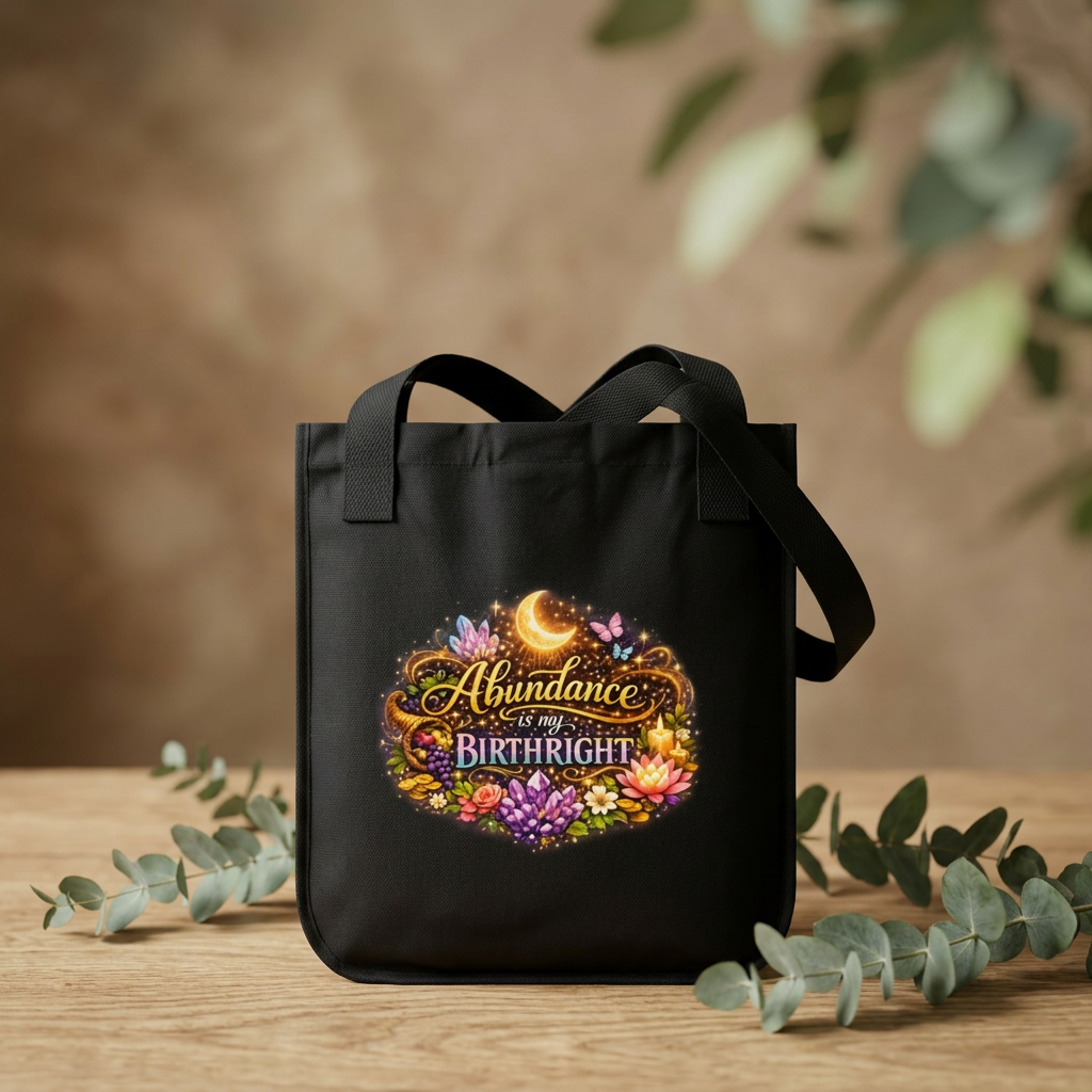 Tote Bag — "Abundance is My Birthright" Floral Moon Organic Canvas Tote