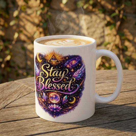Stay Blessed Mug - Celestial Wings Inspirational Ceramic Coffee Cup (11oz & 15oz)