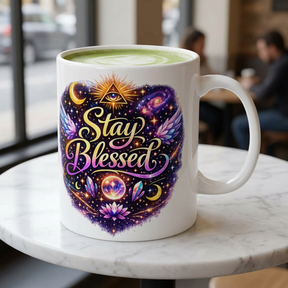 Stay Blessed Mug - Celestial Wings Inspirational Ceramic Coffee Cup (11oz & 15oz)