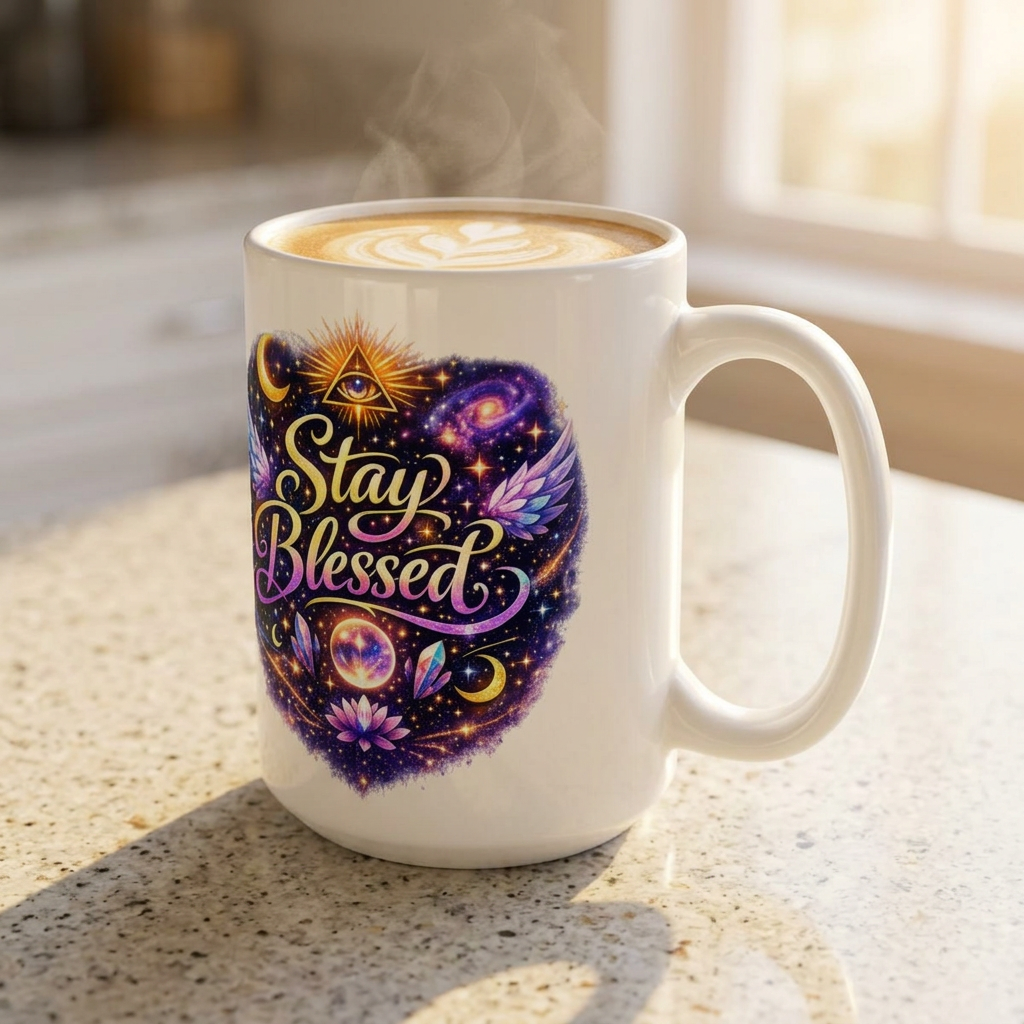 Stay Blessed Mug - Celestial Wings Inspirational Ceramic Coffee Cup (11oz & 15oz)