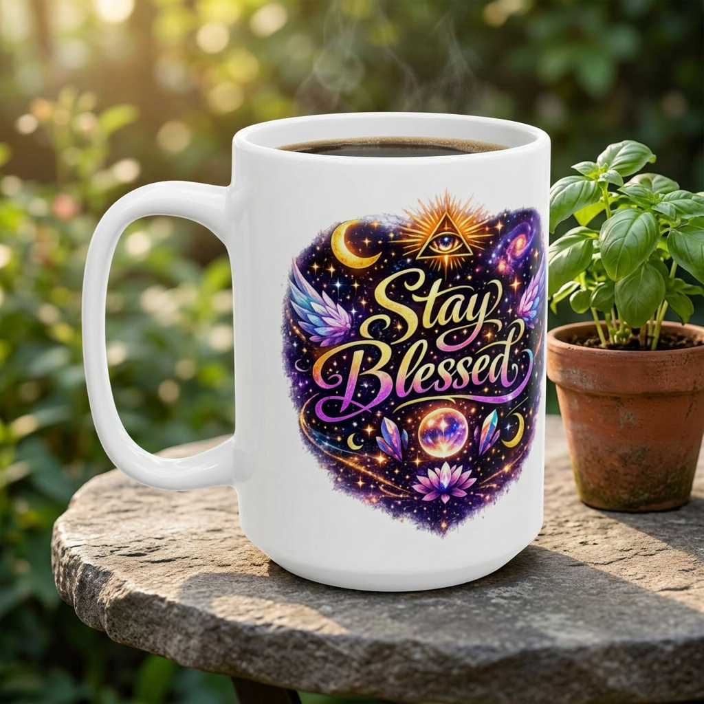 Stay Blessed Mug - Celestial Wings Inspirational Ceramic Coffee Cup (11oz & 15oz)