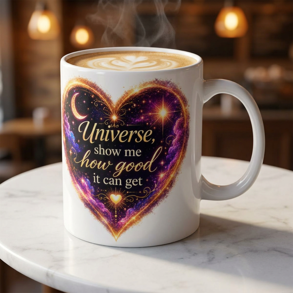 Astro Heart Ceramic Mug — "Universe, show me how good it can get" Cosmic Gift (11oz/15oz)