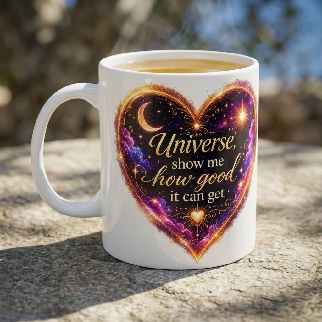 Astro Heart Ceramic Mug — "Universe, show me how good it can get" Cosmic Gift (11oz/15oz)