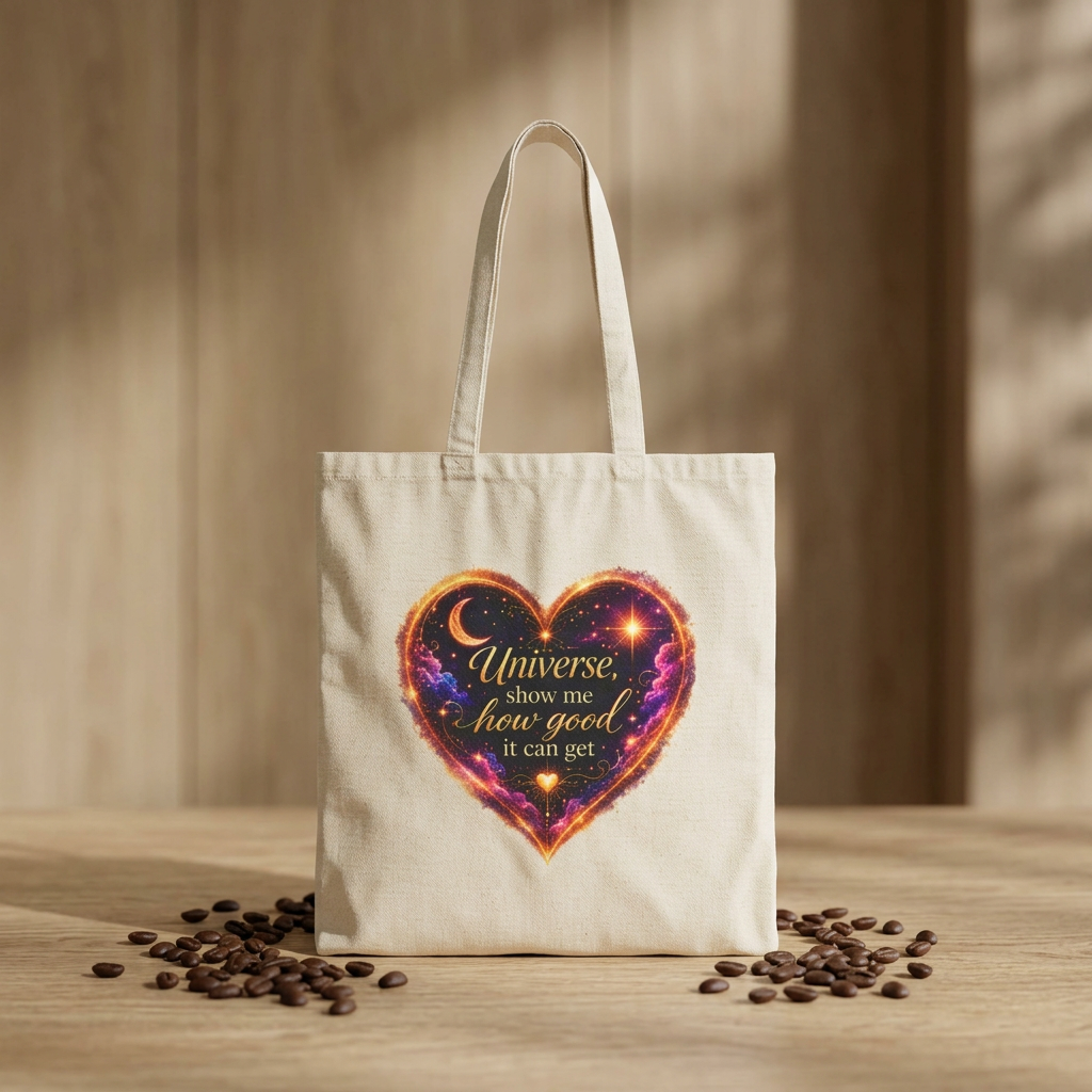 Cotton Tote Bag — "Universe show me how good it can get" Heart Galaxy Design