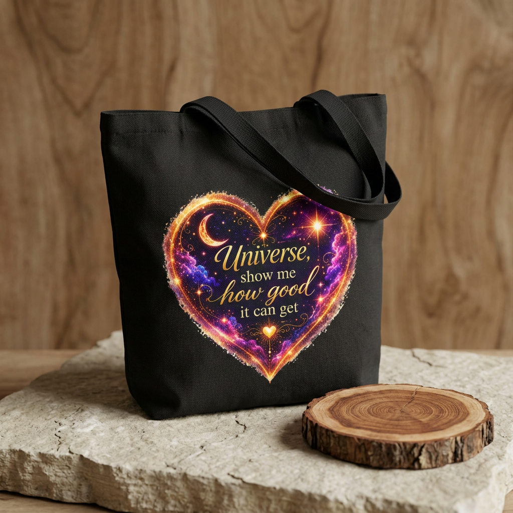 Cotton Tote Bag — "Universe show me how good it can get" Heart Galaxy Design