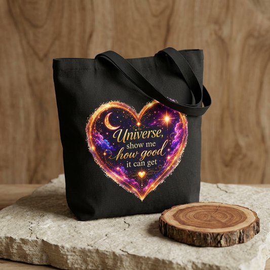 Cotton Tote Bag — "Universe show me how good it can get" Heart Galaxy Design