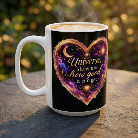 Astro Heart Ceramic Mug — "Universe, show me how good it can get" Cosmic Gift (11oz/15oz)