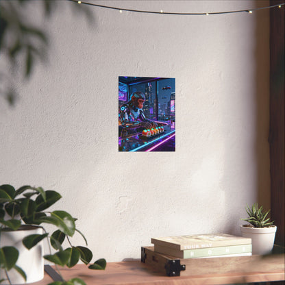 Cyberpunk Robot Monkey Chef Poster — Neon City Sushi Matte Vertical Print