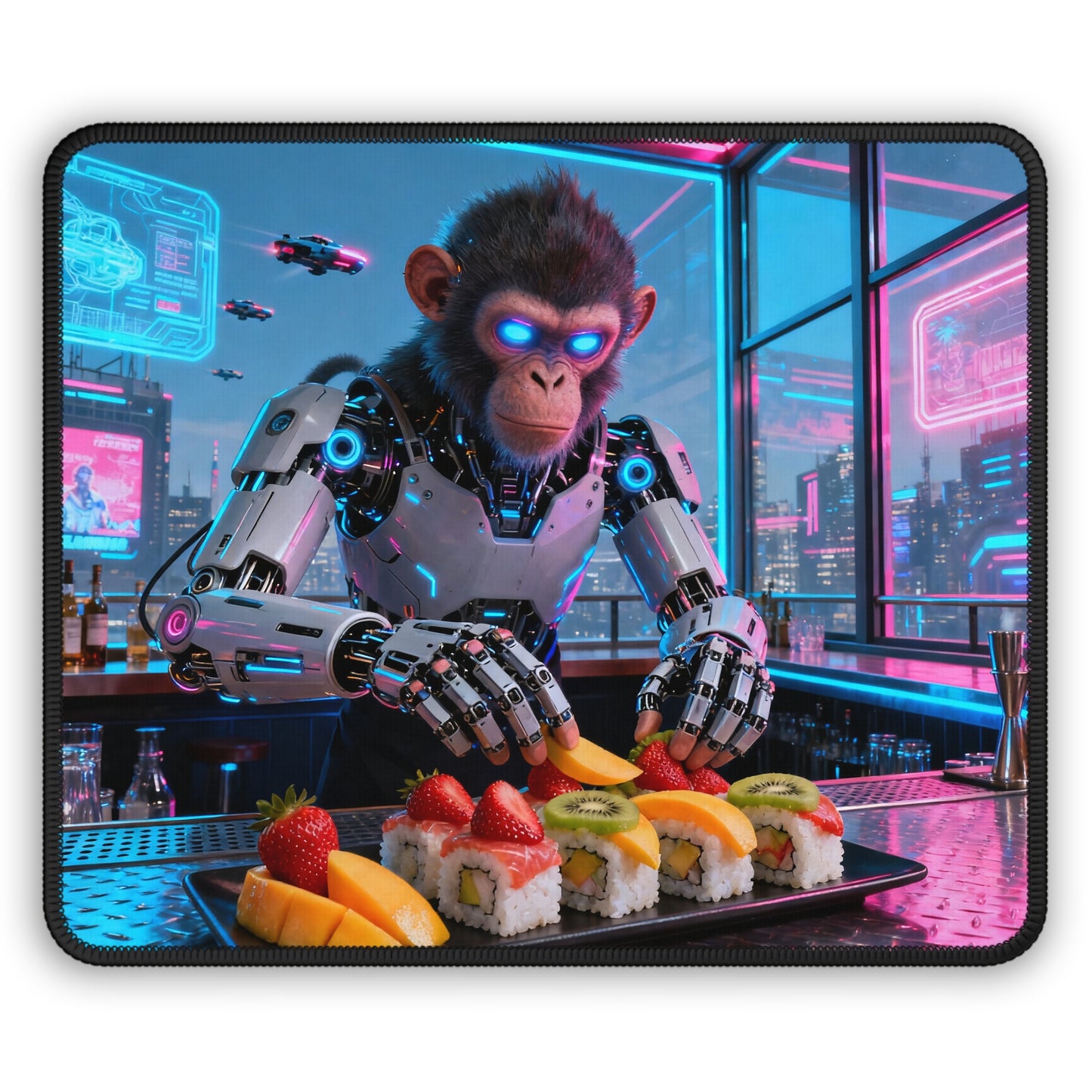 Cyberpunk Robot Monkey Sushi Chef Gaming Mouse Pad — Neon Sushi Arcade Bar Vibe