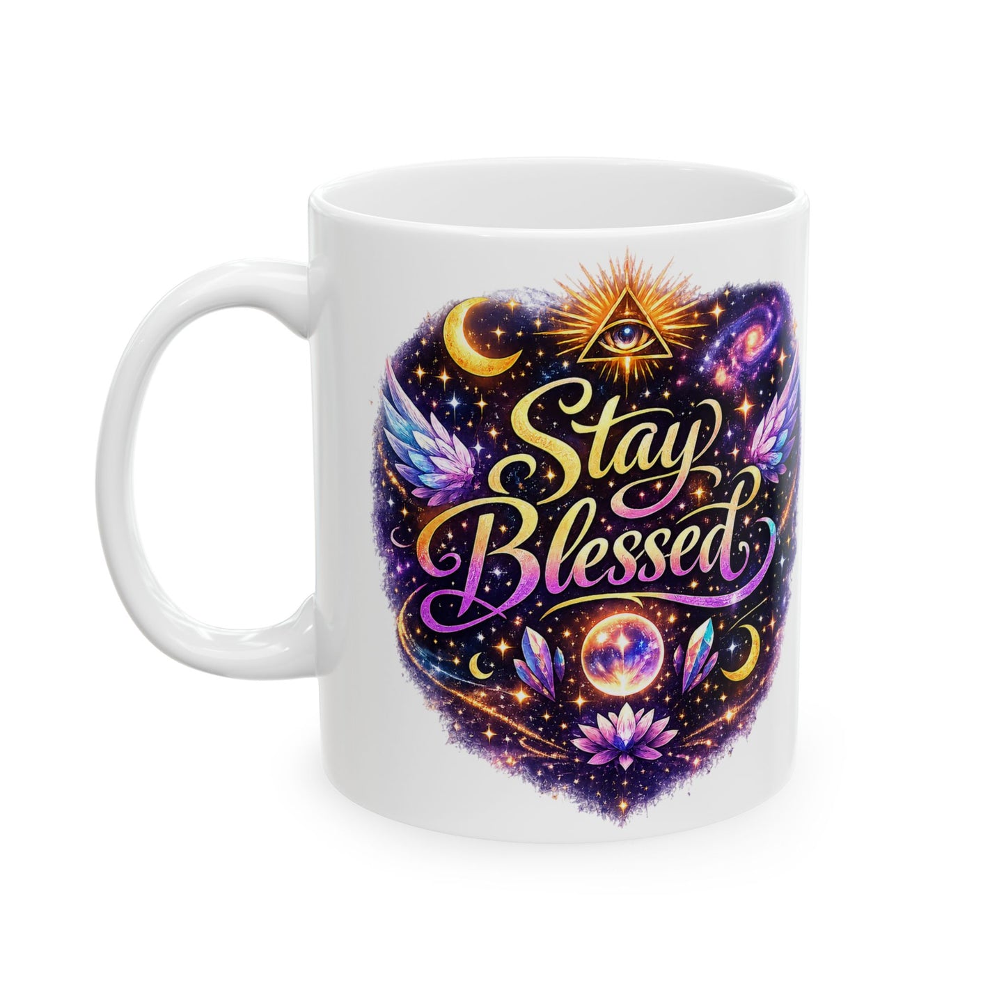 Stay Blessed Mug - Celestial Wings Inspirational Ceramic Coffee Cup (11oz & 15oz)