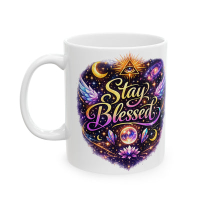 Stay Blessed Mug - Celestial Wings Inspirational Ceramic Coffee Cup (11oz & 15oz)