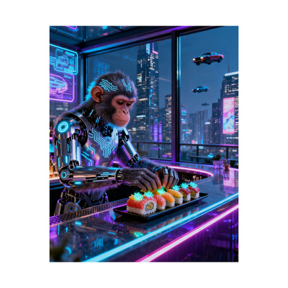 Cyberpunk Robot Monkey Chef Poster — Neon City Sushi Matte Vertical Print