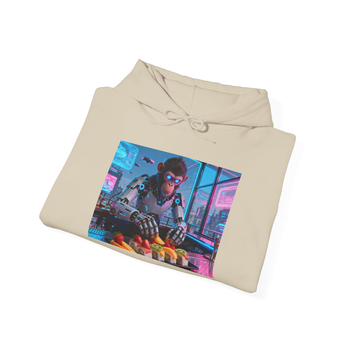 Cyberpunk Sushi Chef Hoodie — Neon Retro Streetwear Pullover