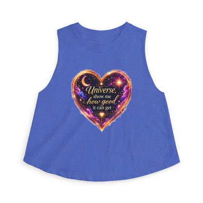Astro Heart Crop Top — "Universe show me how good it can get" Spiritual Graphic Tank