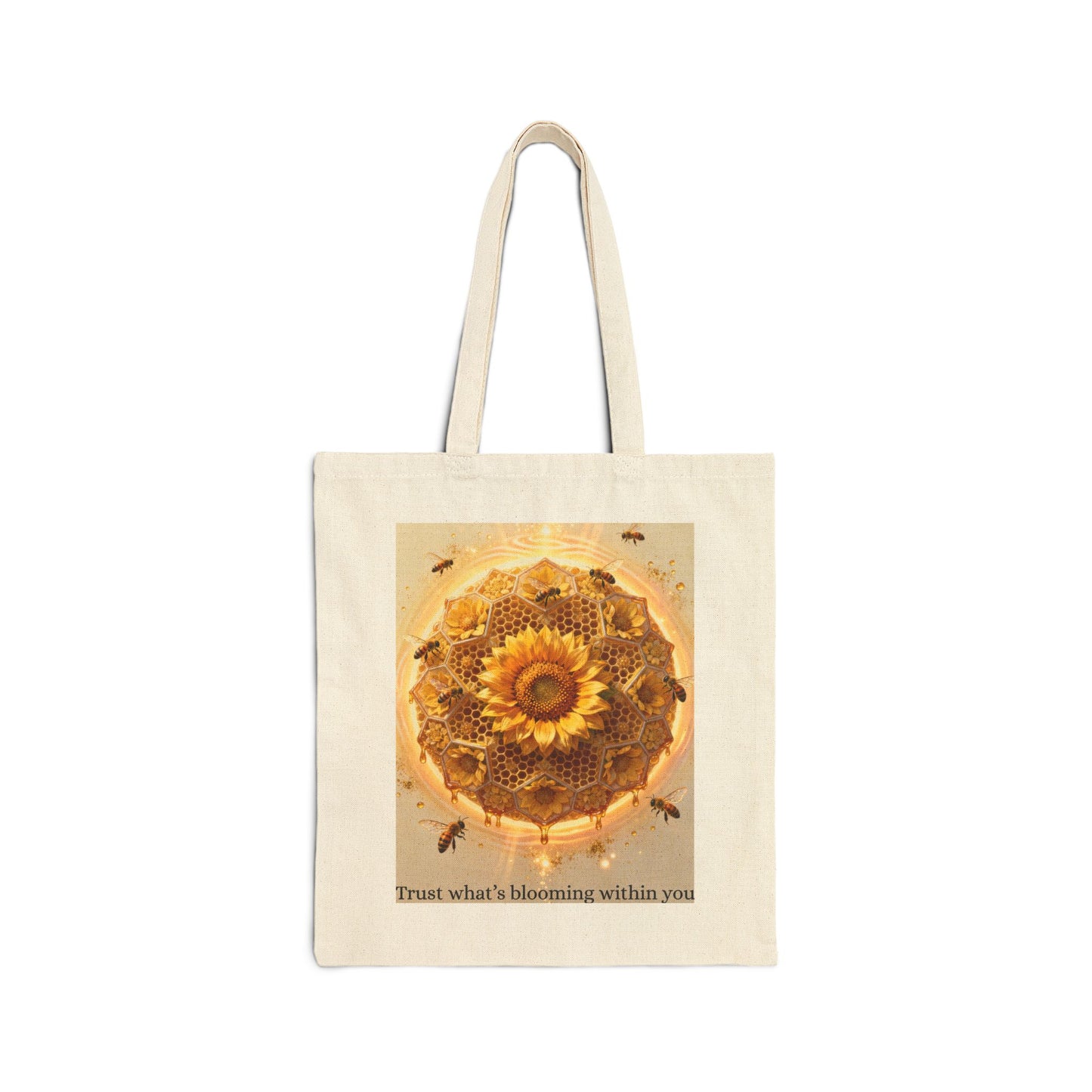 Sunflower Honey Mandala Tote Bag — "Trust what's blooming within you" Cotton Canvas Tote