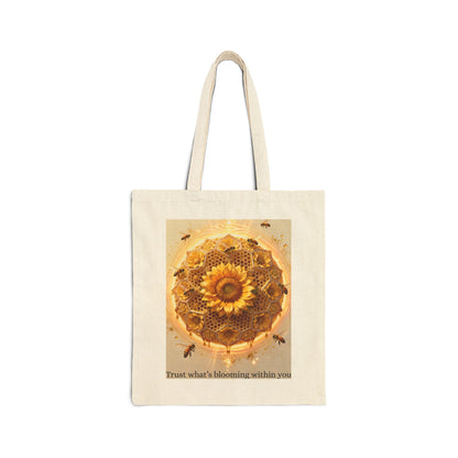 Sunflower Honey Mandala Tote Bag — "Trust what's blooming within you" Cotton Canvas Tote