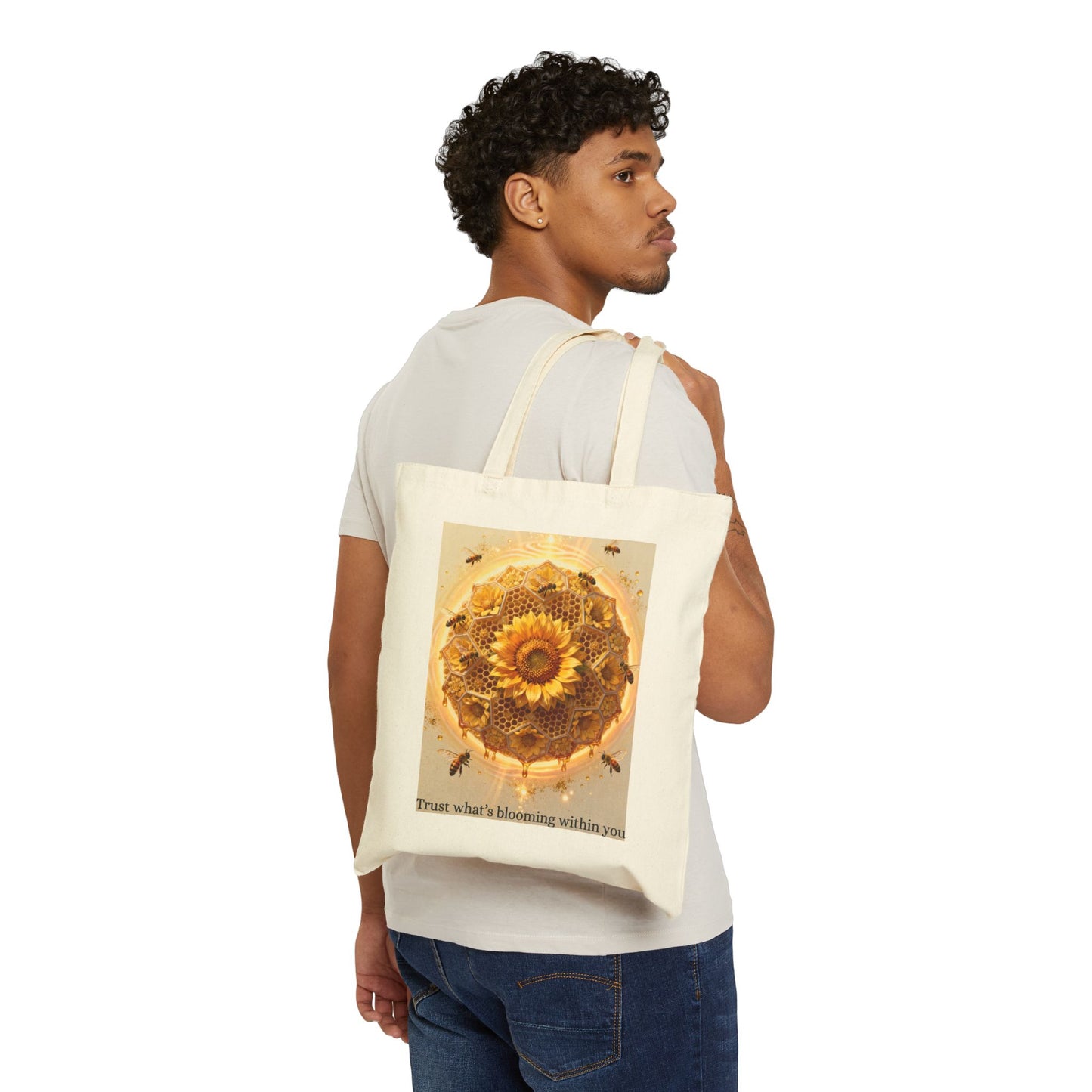 Sunflower Honey Mandala Tote Bag — "Trust what's blooming within you" Cotton Canvas Tote