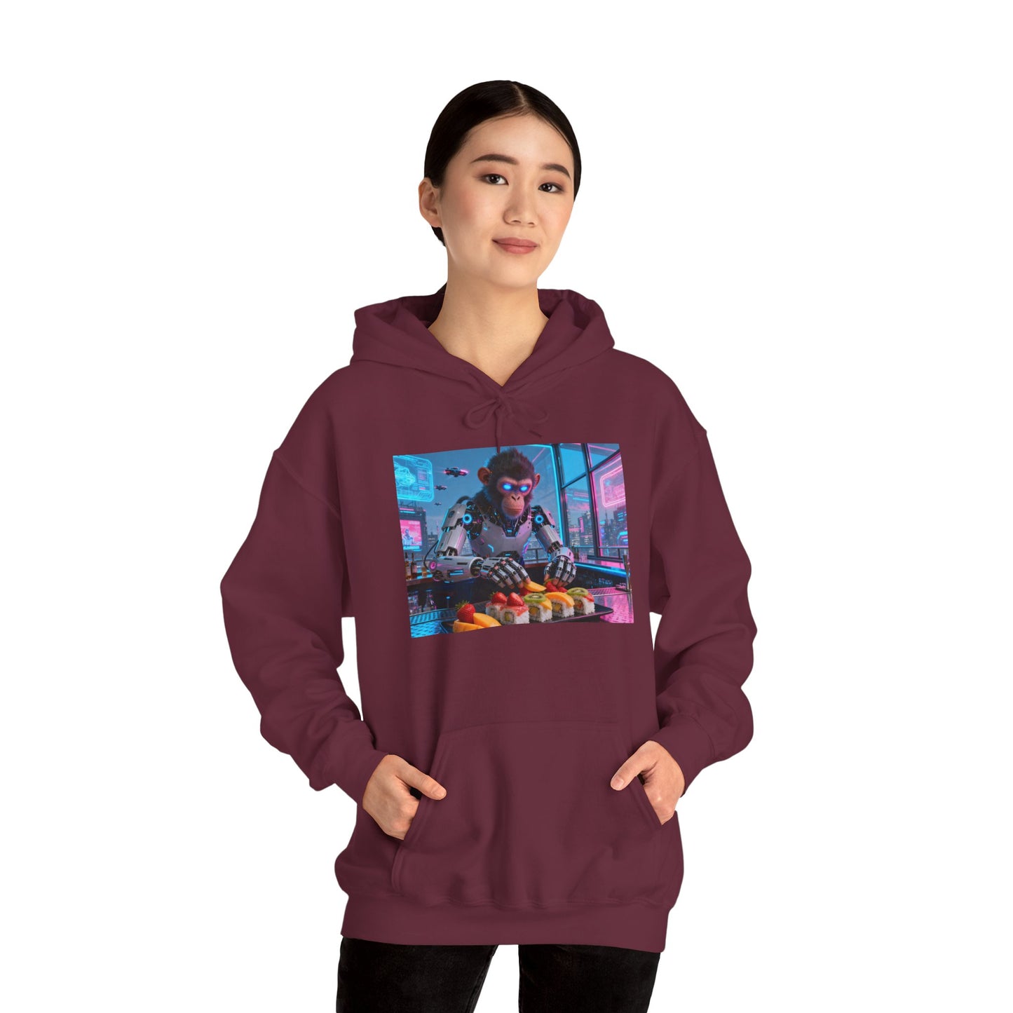 Cyberpunk Sushi Chef Hoodie — Neon Retro Streetwear Pullover