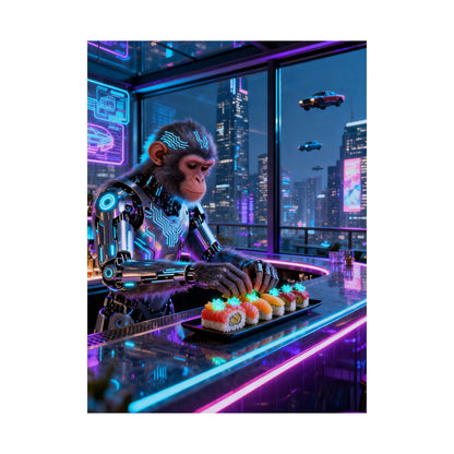 Cyberpunk Robot Monkey Chef Poster — Neon City Sushi Matte Vertical Print