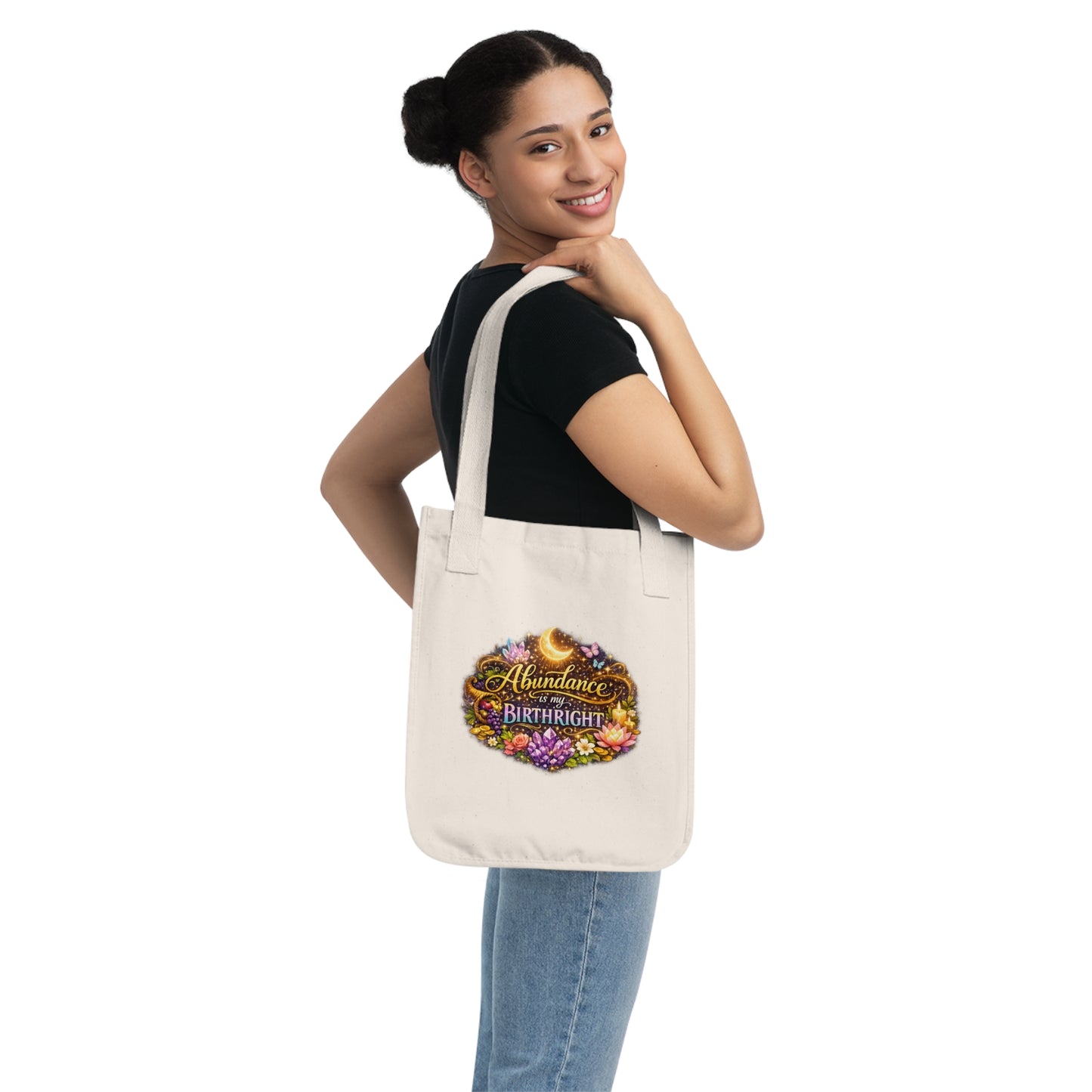 Tote Bag — "Abundance is My Birthright" Floral Moon Organic Canvas Tote