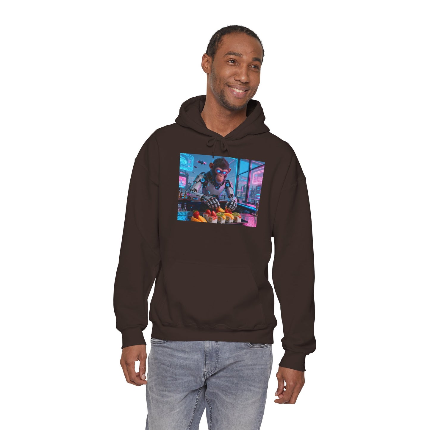 Cyberpunk Sushi Chef Hoodie — Neon Retro Streetwear Pullover