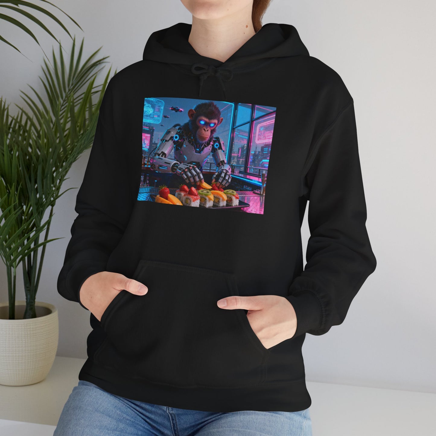 Cyberpunk Sushi Chef Hoodie — Neon Retro Streetwear Pullover