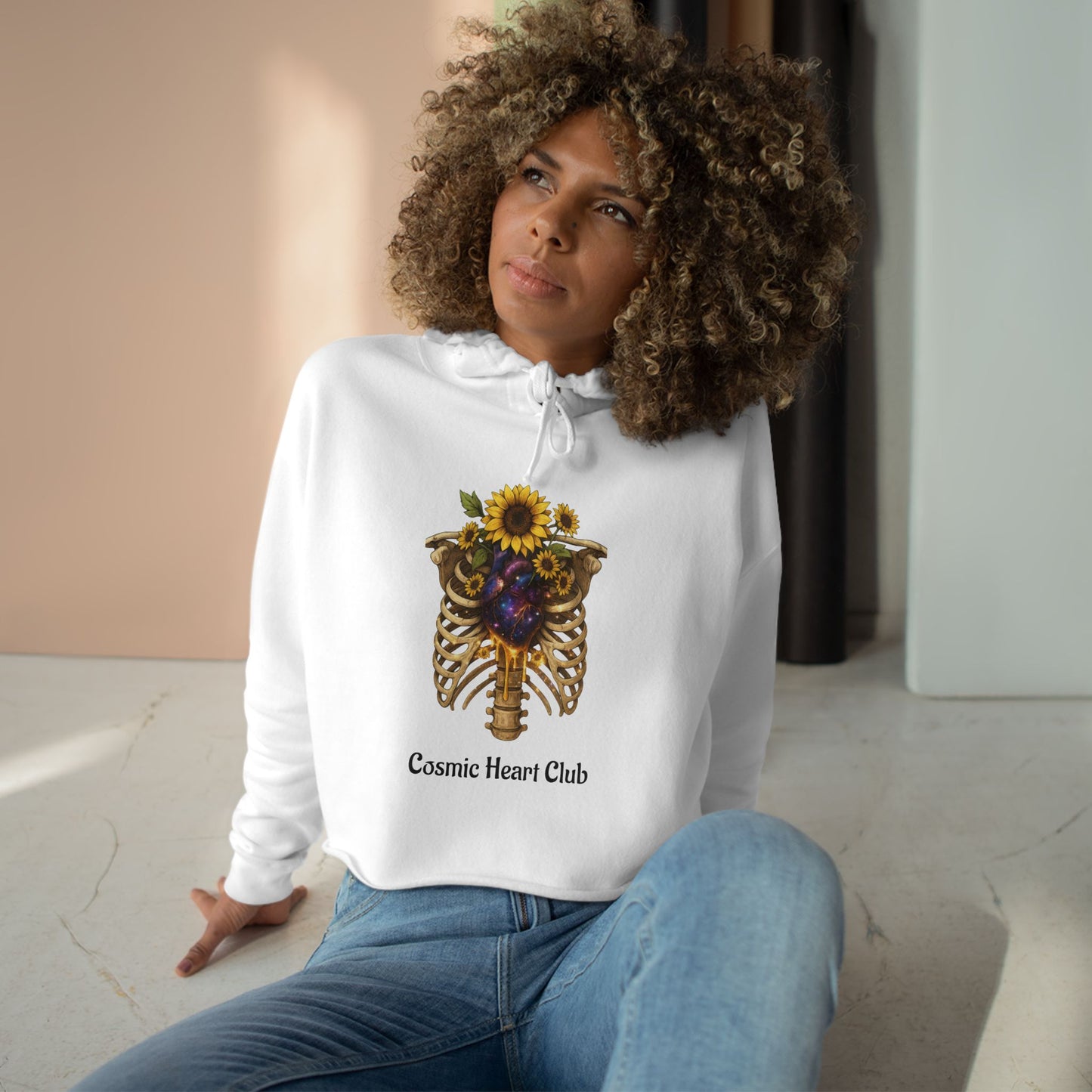 Cosmic Heart Club Crop Hoodie — Floral Sunflower Ribcage Graphic