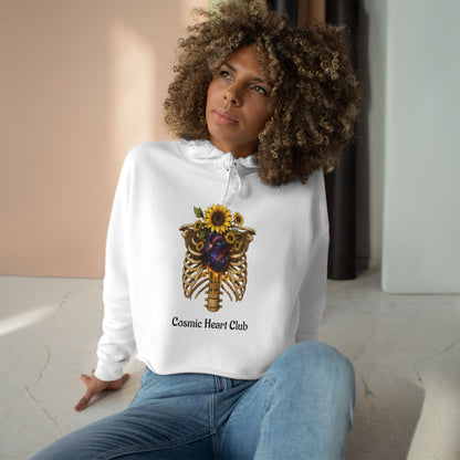 Cosmic Heart Club Crop Hoodie — Floral Sunflower Ribcage Graphic