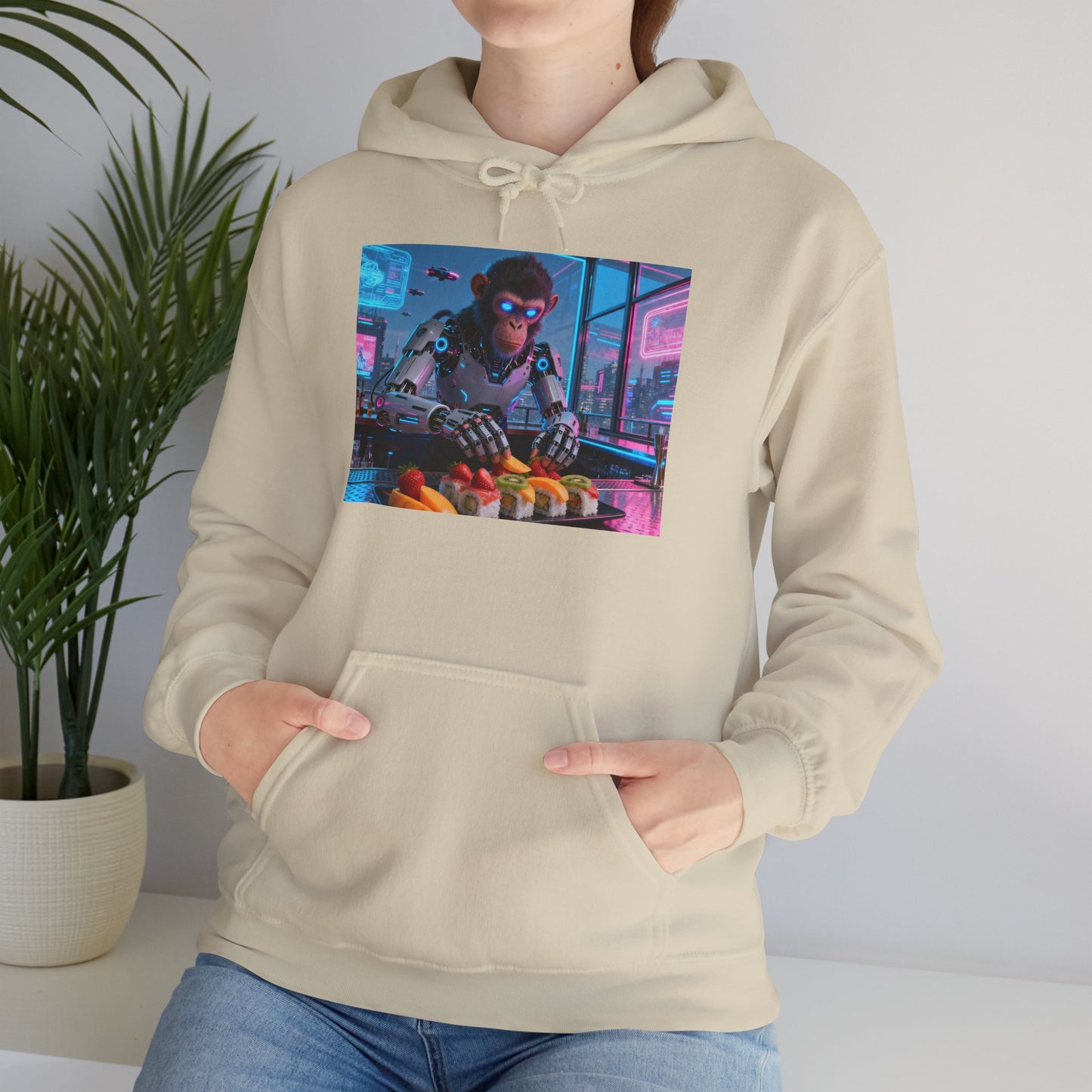 Cyberpunk Sushi Chef Hoodie — Neon Retro Streetwear Pullover
