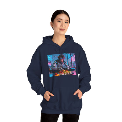 Cyberpunk Sushi Chef Hoodie — Neon Retro Streetwear Pullover