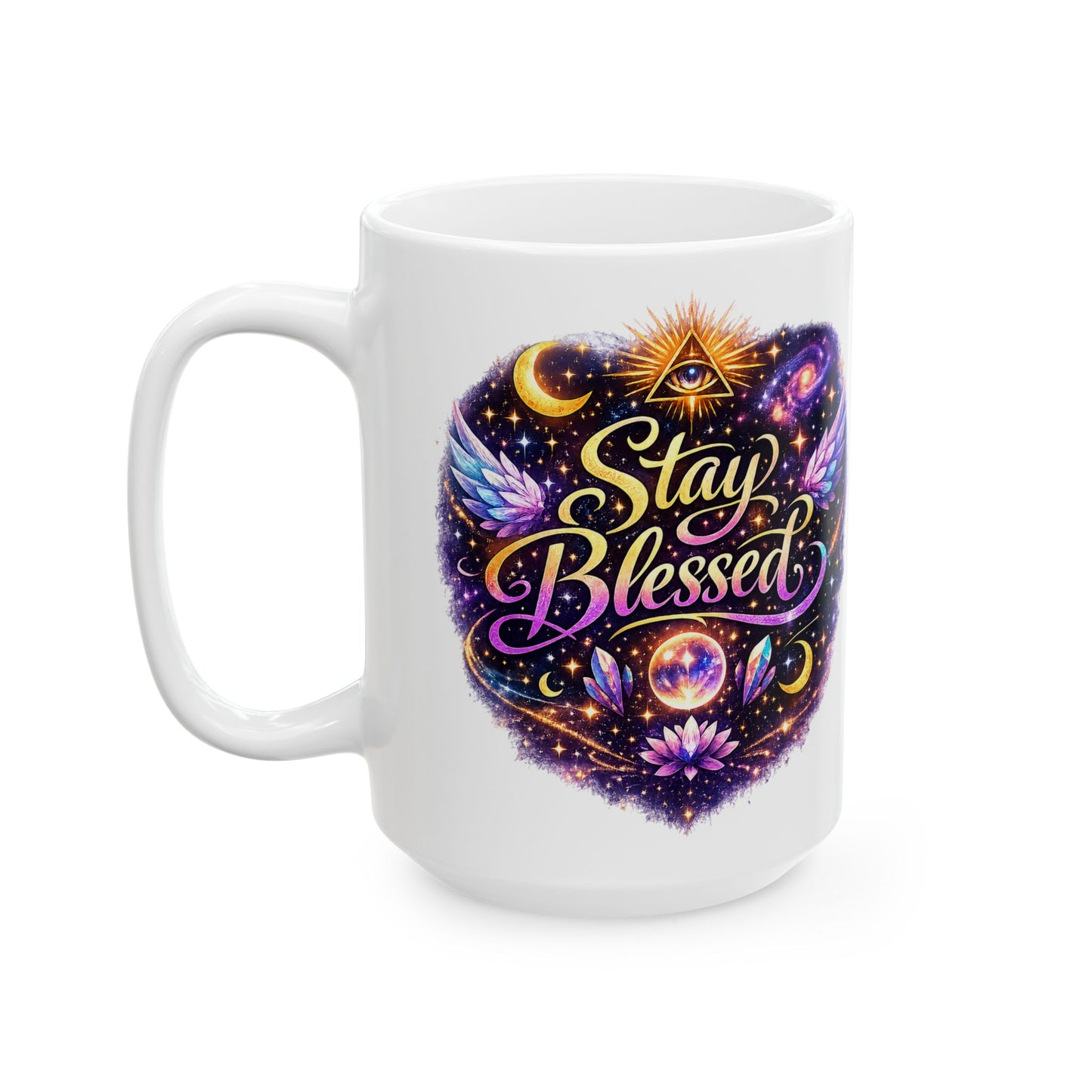 Stay Blessed Mug - Celestial Wings Inspirational Ceramic Coffee Cup (11oz & 15oz)