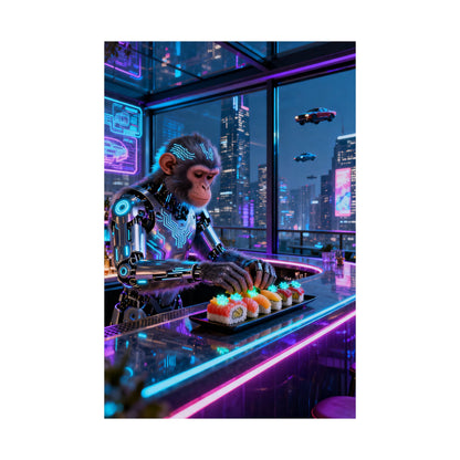 Cyberpunk Robot Monkey Chef Poster — Neon City Sushi Matte Vertical Print