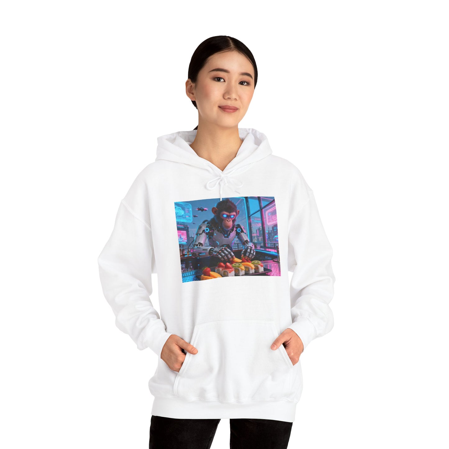 Cyberpunk Sushi Chef Hoodie — Neon Retro Streetwear Pullover