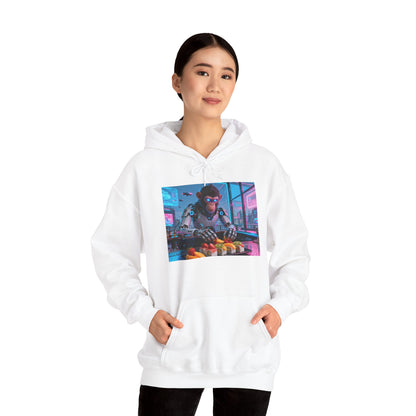Cyberpunk Sushi Chef Hoodie — Neon Retro Streetwear Pullover