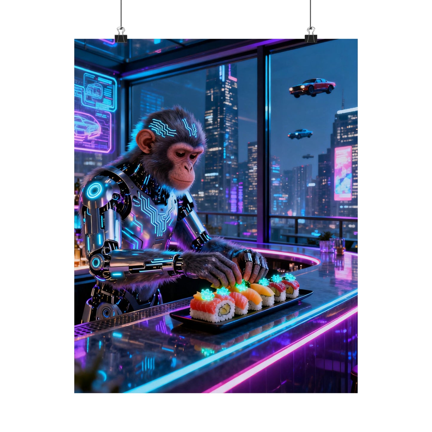 Cyberpunk Robot Monkey Chef Poster — Neon City Sushi Matte Vertical Print