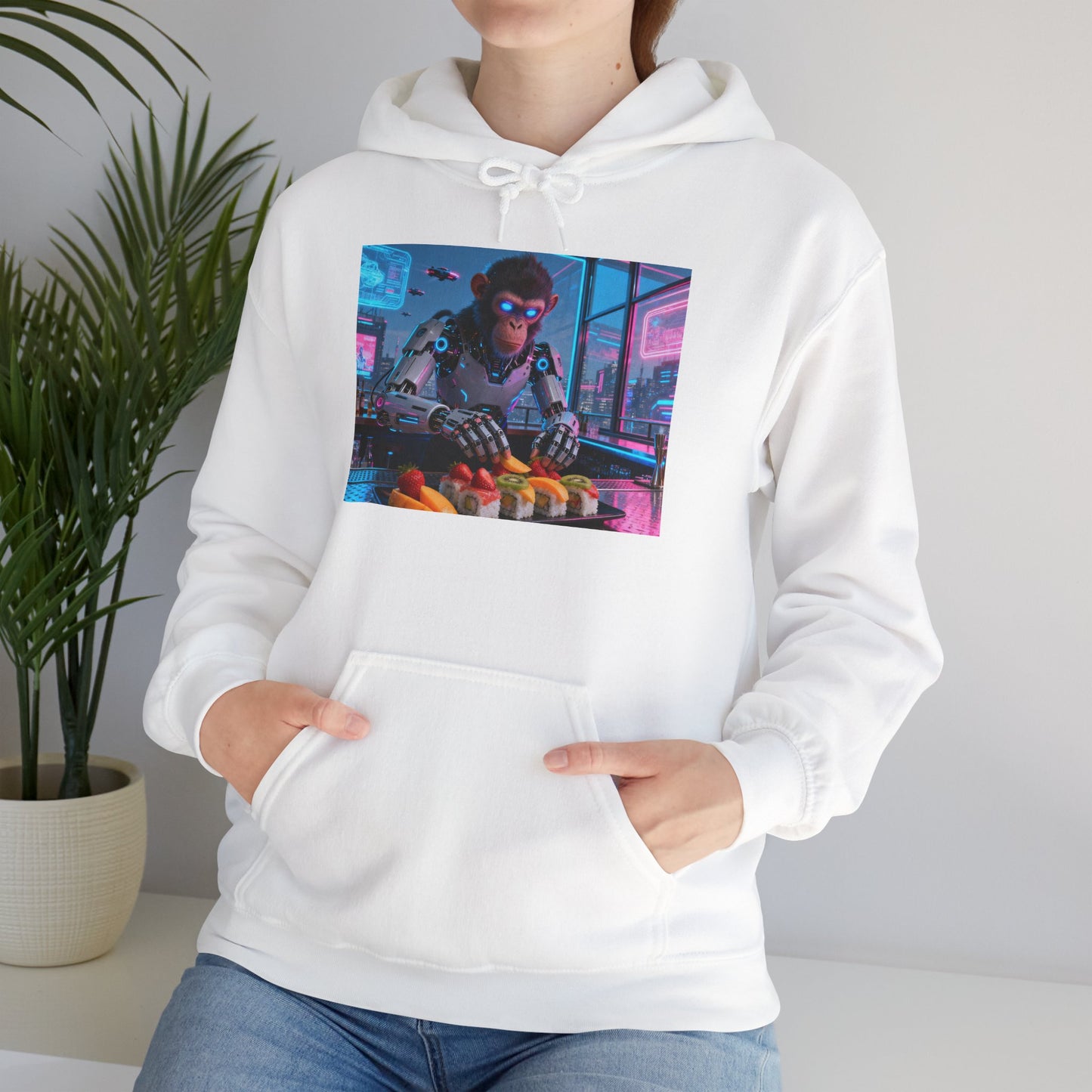 Cyberpunk Sushi Chef Hoodie — Neon Retro Streetwear Pullover