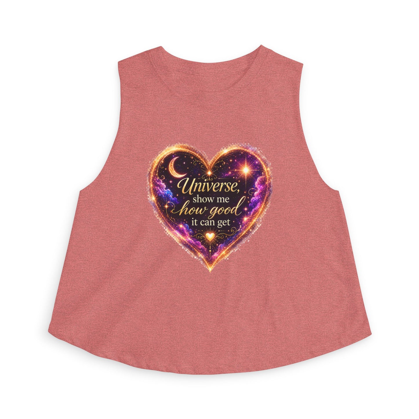 Astro Heart Crop Top — "Universe show me how good it can get" Spiritual Graphic Tank