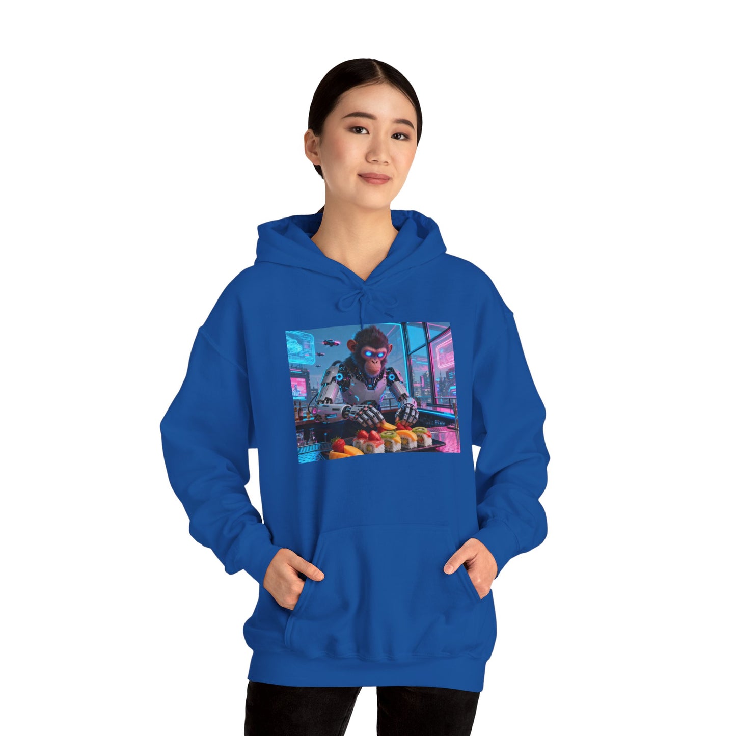 Cyberpunk Sushi Chef Hoodie — Neon Retro Streetwear Pullover